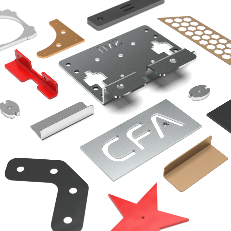 Assorted laser-cut steel, aluminum, and acrylic parts made by CFA.