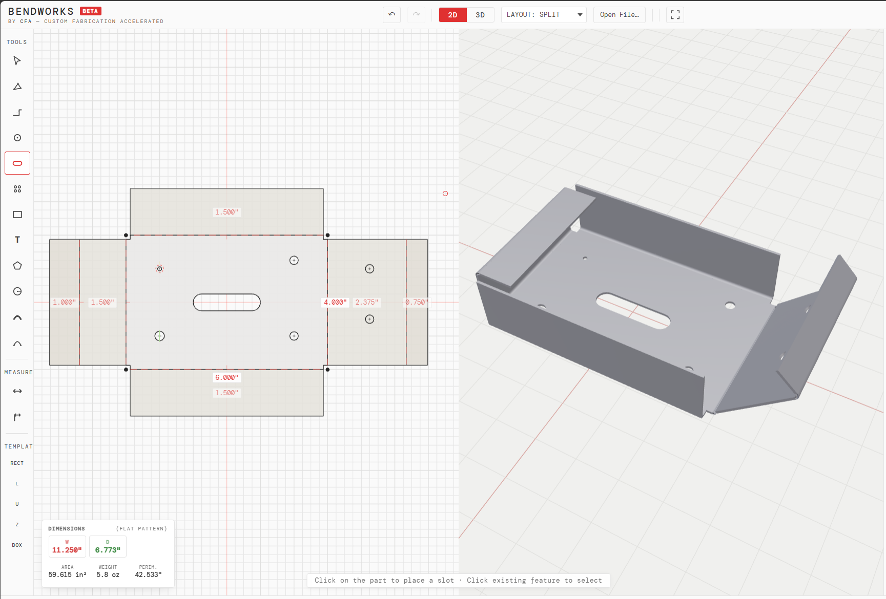 BendWorks browser-based sheet-metal part builder showing a laser-cut sheet-metal enclosure as a flat pattern beside its folded 3D preview.